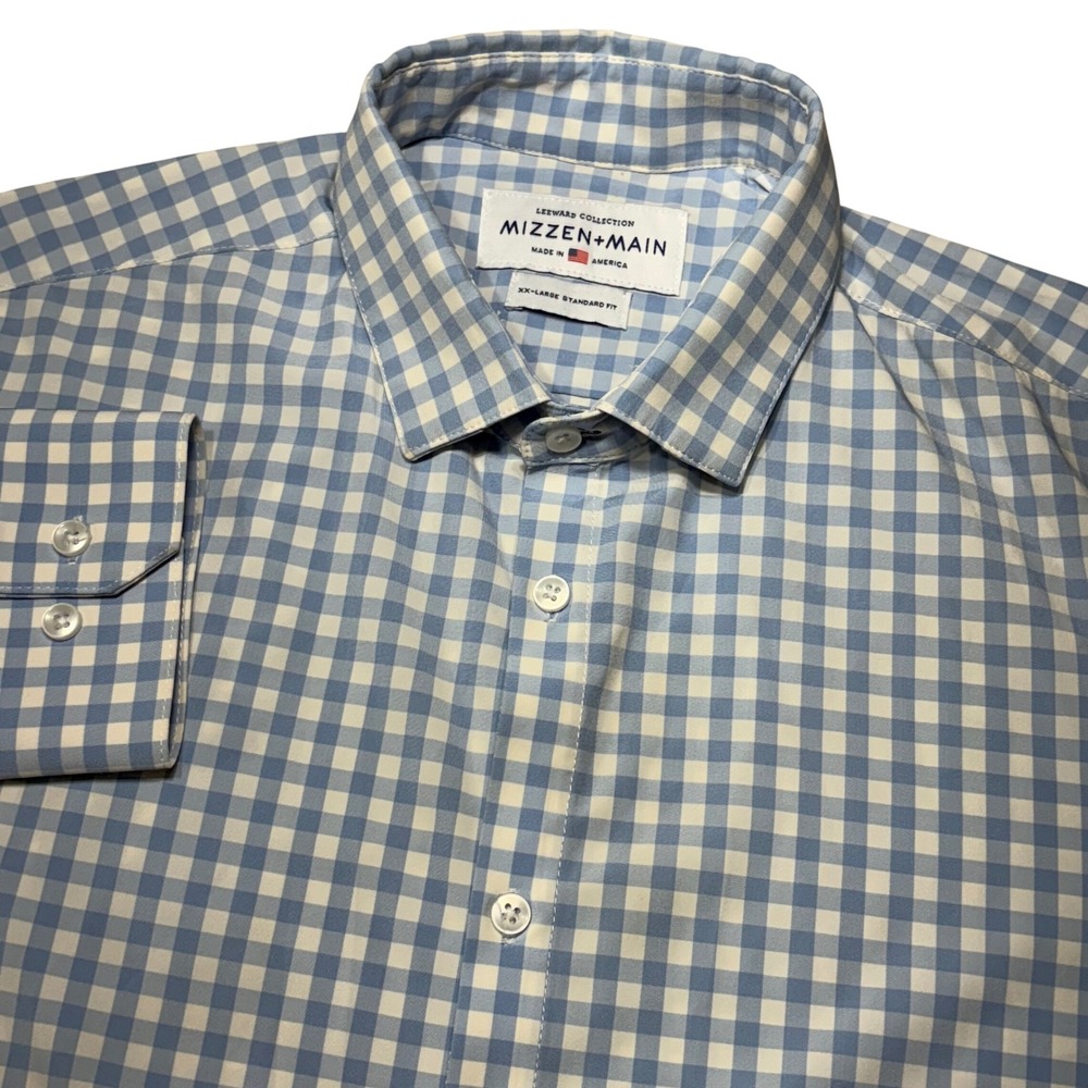 Mizzen+Main Leeward Collection Mens XXL Standard‎ Fit Blue Gingham Dress Shirt